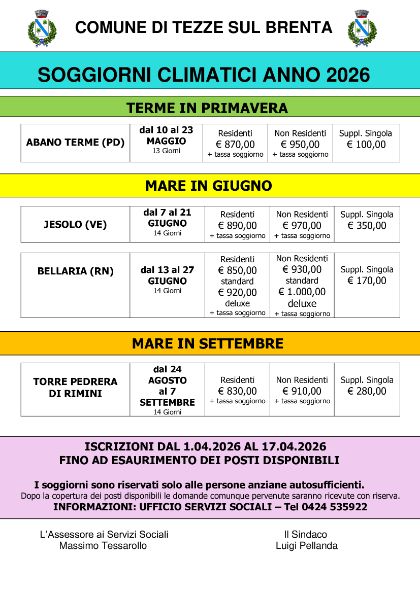 Soggiorni climatici per anziani anno 2026
